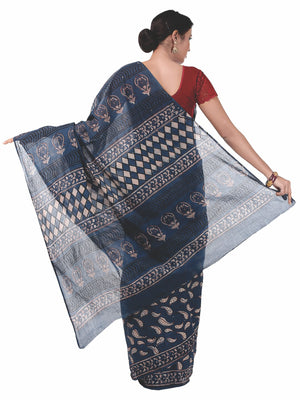 Indigo Tarapur Hand Block Print Handcrafted Cotton Saree-Saree-Kalakari India-BAPASA0029-Cotton, Geographical Indication, Hand Blocks, Hand Crafted, Heritage Prints, Indigo, Natural Dyes, Sarees, Sustainable Fabrics, Tarapur-[Linen,Ethnic,wear,Fashionista,Handloom,Handicraft,Indigo,blockprint,block,print,Cotton,Chanderi,Blue, latest,classy,party,bollywood,trendy,summer,style,traditional,formal,elegant,unique,style,hand,block,print, dabu,booti,gift,present,glamorous,affordable,collectible,Sari,Sa