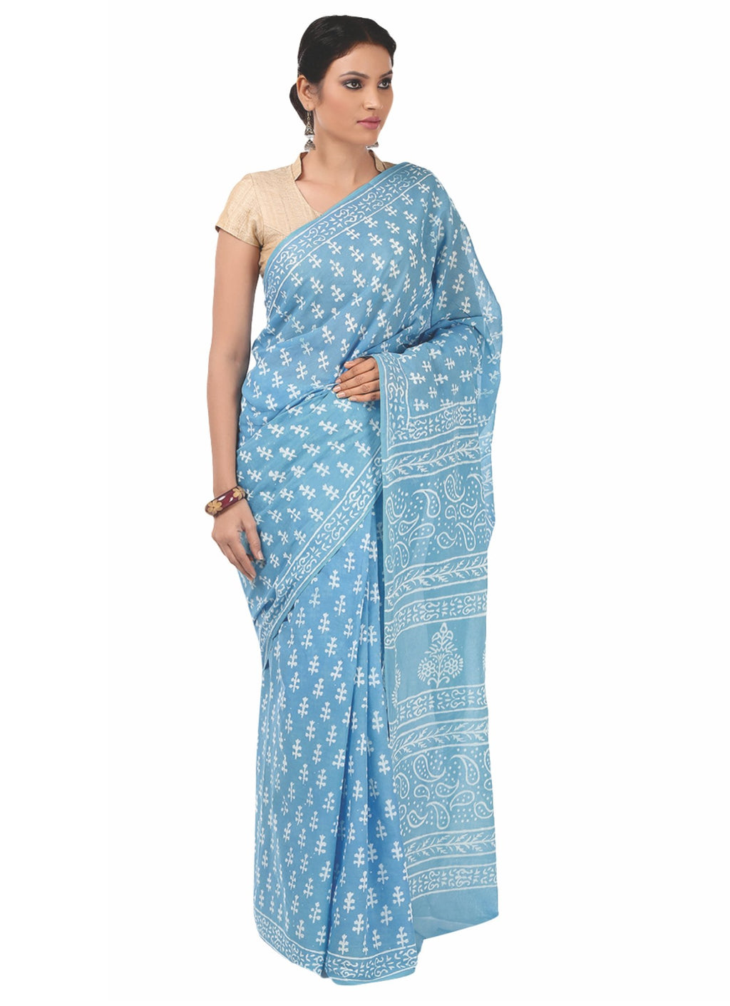 Blue Dabu Hand Block Print Handcrafted Cotton Saree-Saree-Kalakari India-BAPASA0032-Cotton, Dabu, Geographical Indication, Hand Blocks, Hand Crafted, Heritage Prints, Sarees, Sustainable Fabrics-[Linen,Ethnic,wear,Fashionista,Handloom,Handicraft,Indigo,blockprint,block,print,Cotton,Chanderi,Blue, latest,classy,party,bollywood,trendy,summer,style,traditional,formal,elegant,unique,style,hand,block,print, dabu,booti,gift,present,glamorous,affordable,collectible,Sari,Saree,printed, holi, Diwali, bir