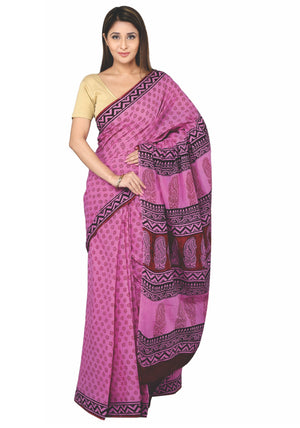 Pink Bagh Hand Block Print Handcrafted Cotton Saree-Saree-Kalakari India-BAPASA0034-Bagh, Cotton, Geographical Indication, Hand Blocks, Hand Crafted, Heritage Prints, Sarees, Sustainable Fabrics-[Linen,Ethnic,wear,Fashionista,Handloom,Handicraft,Indigo,blockprint,block,print,Cotton,Chanderi,Blue, latest,classy,party,bollywood,trendy,summer,style,traditional,formal,elegant,unique,style,hand,block,print, dabu,booti,gift,present,glamorous,affordable,collectible,Sari,Saree,printed, holi, Diwali, bir