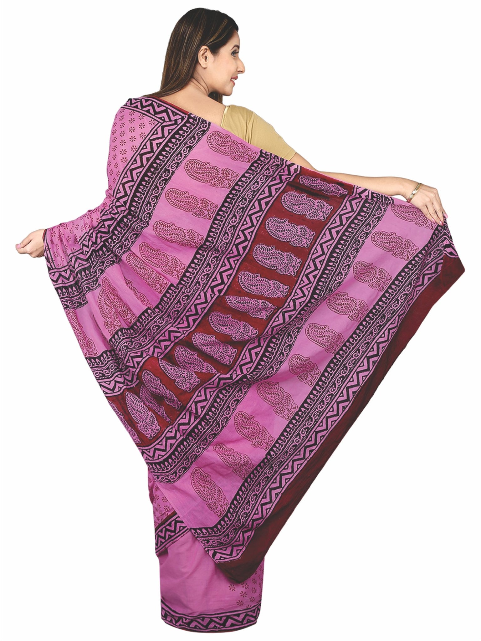 Pink Bagh Hand Block Print Handcrafted Cotton Saree-Saree-Kalakari India-BAPASA0034-Bagh, Cotton, Geographical Indication, Hand Blocks, Hand Crafted, Heritage Prints, Sarees, Sustainable Fabrics-[Linen,Ethnic,wear,Fashionista,Handloom,Handicraft,Indigo,blockprint,block,print,Cotton,Chanderi,Blue, latest,classy,party,bollywood,trendy,summer,style,traditional,formal,elegant,unique,style,hand,block,print, dabu,booti,gift,present,glamorous,affordable,collectible,Sari,Saree,printed, holi, Diwali, bir