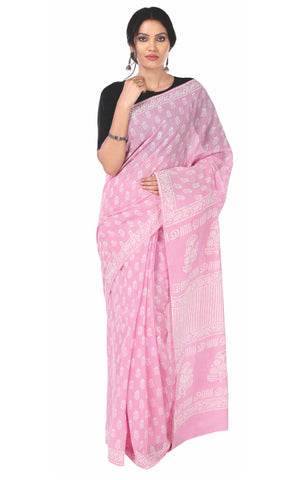 Pink & White Colored Dabu Hand Block Print Handcrafted Cotton Saree-Saree-Kalakari India-BAPASA0037-Cotton, Dabu, Geographical Indication, Hand Blocks, Hand Crafted, Heritage Prints, Sarees, Sustainable Fabrics-[Linen,Ethnic,wear,Fashionista,Handloom,Handicraft,Indigo,blockprint,block,print,Cotton,Chanderi,Blue, latest,classy,party,bollywood,trendy,summer,style,traditional,formal,elegant,unique,style,hand,block,print, dabu,booti,gift,present,glamorous,affordable,collectible,Sari,Saree,printed, h