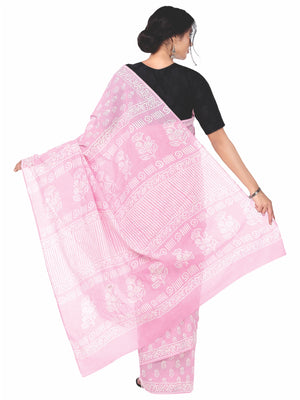 Pink & White Colored Dabu Hand Block Print Handcrafted Cotton Saree-Saree-Kalakari India-BAPASA0037-Cotton, Dabu, Geographical Indication, Hand Blocks, Hand Crafted, Heritage Prints, Sarees, Sustainable Fabrics-[Linen,Ethnic,wear,Fashionista,Handloom,Handicraft,Indigo,blockprint,block,print,Cotton,Chanderi,Blue, latest,classy,party,bollywood,trendy,summer,style,traditional,formal,elegant,unique,style,hand,block,print, dabu,booti,gift,present,glamorous,affordable,collectible,Sari,Saree,printed, h