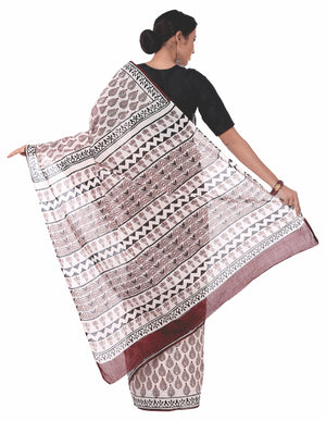 White & Maroon Bagh Hand Block Print Handcrafted Cotton Saree-Saree-Kalakari India-BAPASA0039-Bagh, Cotton, Geographical Indication, Hand Blocks, Hand Crafted, Heritage Prints, Sarees, Sustainable Fabrics-[Linen,Ethnic,wear,Fashionista,Handloom,Handicraft,Indigo,blockprint,block,print,Cotton,Chanderi,Blue, latest,classy,party,bollywood,trendy,summer,style,traditional,formal,elegant,unique,style,hand,block,print, dabu,booti,gift,present,glamorous,affordable,collectible,Sari,Saree,printed, holi, D