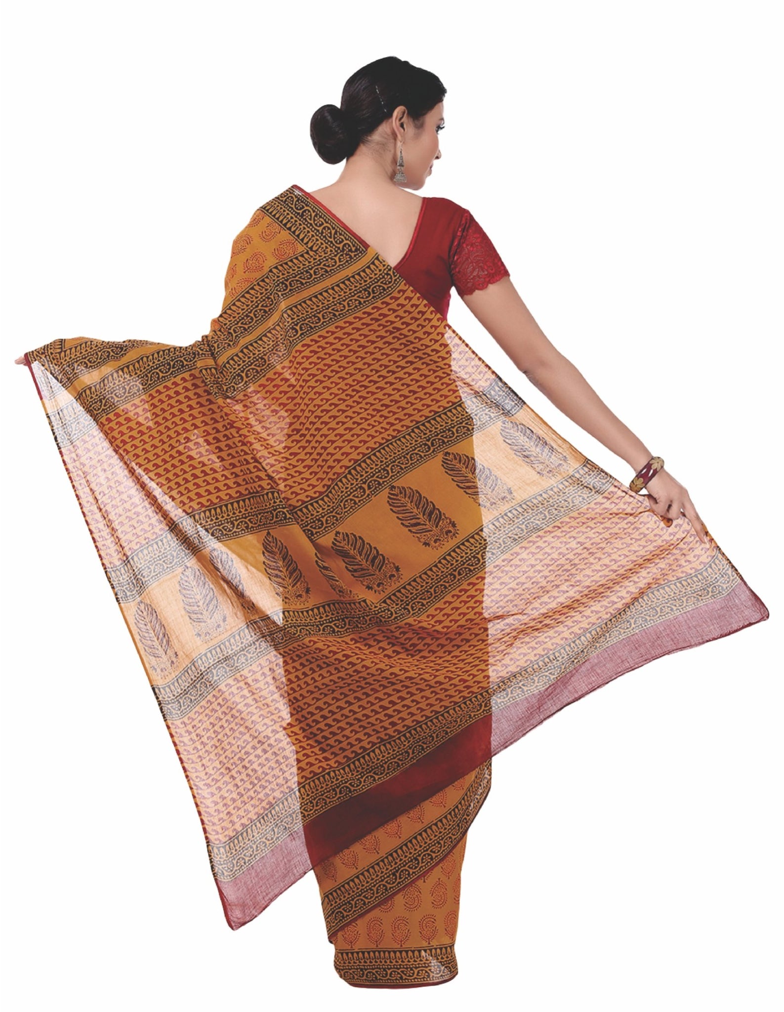 Orange Bagh Hand Block Print Handcrafted Cotton Saree-Saree-Kalakari India-BAPASA0041-Bagh, Cotton, Geographical Indication, Hand Blocks, Hand Crafted, Heritage Prints, Sarees, Sustainable Fabrics-[Linen,Ethnic,wear,Fashionista,Handloom,Handicraft,Indigo,blockprint,block,print,Cotton,Chanderi,Blue, latest,classy,party,bollywood,trendy,summer,style,traditional,formal,elegant,unique,style,hand,block,print, dabu,booti,gift,present,glamorous,affordable,collectible,Sari,Saree,printed, holi, Diwali, b