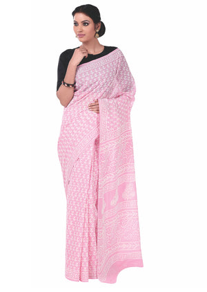 Pink Colored Dabu Hand Block Print Handcrafted Cotton Saree-Saree-Kalakari India-BAPASA0042-Cotton, Dabu, Geographical Indication, Hand Blocks, Hand Crafted, Heritage Prints, Sarees, Sustainable Fabrics-[Linen,Ethnic,wear,Fashionista,Handloom,Handicraft,Indigo,blockprint,block,print,Cotton,Chanderi,Blue, latest,classy,party,bollywood,trendy,summer,style,traditional,formal,elegant,unique,style,hand,block,print, dabu,booti,gift,present,glamorous,affordable,collectible,Sari,Saree,printed, holi, Diw