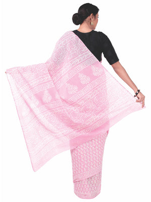 Pink Colored Dabu Hand Block Print Handcrafted Cotton Saree-Saree-Kalakari India-BAPASA0042-Cotton, Dabu, Geographical Indication, Hand Blocks, Hand Crafted, Heritage Prints, Sarees, Sustainable Fabrics-[Linen,Ethnic,wear,Fashionista,Handloom,Handicraft,Indigo,blockprint,block,print,Cotton,Chanderi,Blue, latest,classy,party,bollywood,trendy,summer,style,traditional,formal,elegant,unique,style,hand,block,print, dabu,booti,gift,present,glamorous,affordable,collectible,Sari,Saree,printed, holi, Diw
