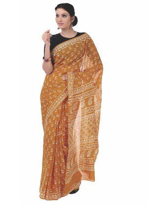 Orange Dabu Hand Block Print Handcrafted Cotton Saree-Saree-Kalakari India-BAPASA0043-Cotton, Dabu, Geographical Indication, Hand Blocks, Hand Crafted, Heritage Prints, Sarees, Sustainable Fabrics-[Linen,Ethnic,wear,Fashionista,Handloom,Handicraft,Indigo,blockprint,block,print,Cotton,Chanderi,Blue, latest,classy,party,bollywood,trendy,summer,style,traditional,formal,elegant,unique,style,hand,block,print, dabu,booti,gift,present,glamorous,affordable,collectible,Sari,Saree,printed, holi, Diwali, b