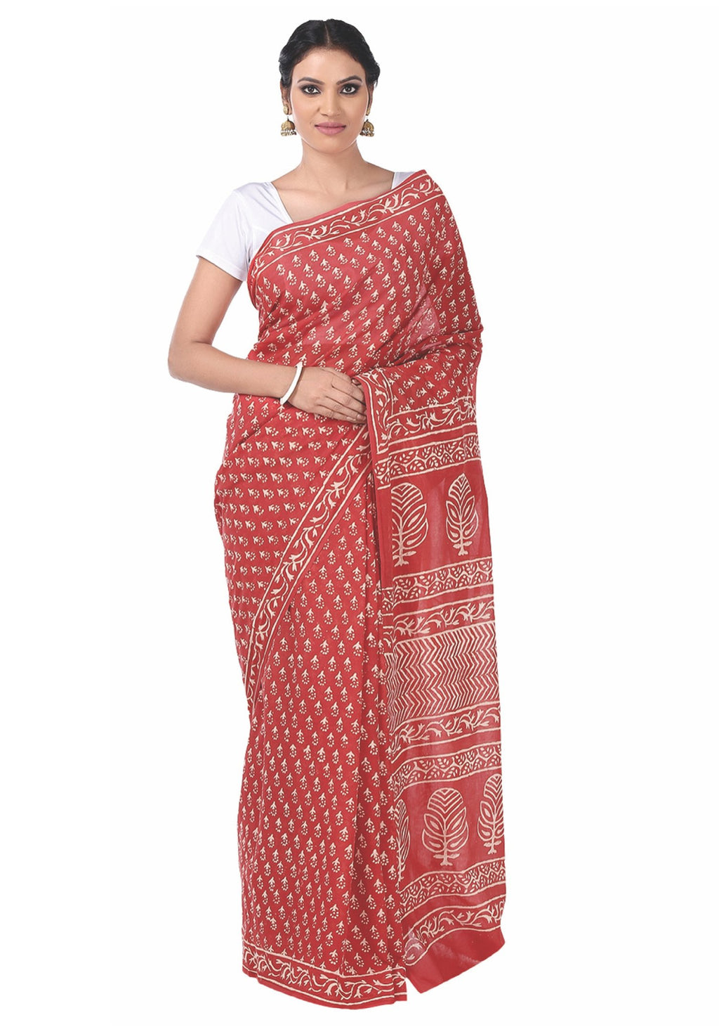 Red Dabu Hand Block Print Handcrafted Cotton Saree-Saree-Kalakari India-BAPASA0044-Cotton, Dabu, Geographical Indication, Hand Blocks, Hand Crafted, Heritage Prints, Sarees, Sustainable Fabrics-[Linen,Ethnic,wear,Fashionista,Handloom,Handicraft,Indigo,blockprint,block,print,Cotton,Chanderi,Blue, latest,classy,party,bollywood,trendy,summer,style,traditional,formal,elegant,unique,style,hand,block,print, dabu,booti,gift,present,glamorous,affordable,collectible,Sari,Saree,printed, holi, Diwali, birt