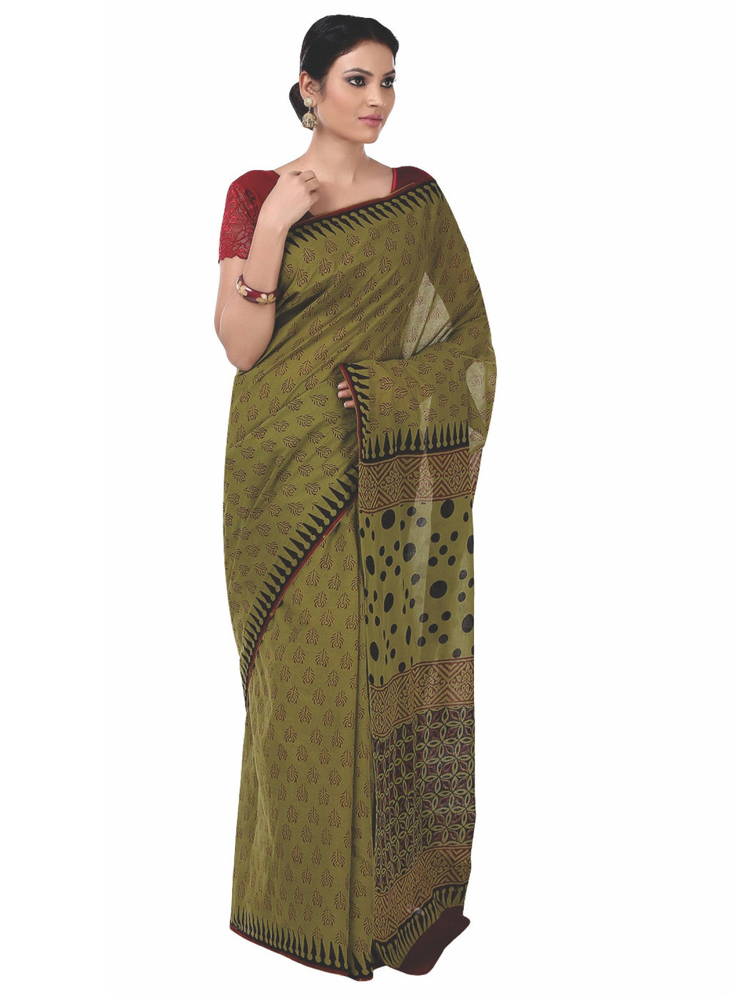 Olive Green Bagh Hand Block Print Handcrafted Cotton Saree-Saree-Kalakari India-BAPASA0046-Bagh, Cotton, Geographical Indication, Hand Blocks, Hand Crafted, Heritage Prints, Sarees, Sustainable Fabrics-[Linen,Ethnic,wear,Fashionista,Handloom,Handicraft,Indigo,blockprint,block,print,Cotton,Chanderi,Blue, latest,classy,party,bollywood,trendy,summer,style,traditional,formal,elegant,unique,style,hand,block,print, dabu,booti,gift,present,glamorous,affordable,collectible,Sari,Saree,printed, holi, Diwa