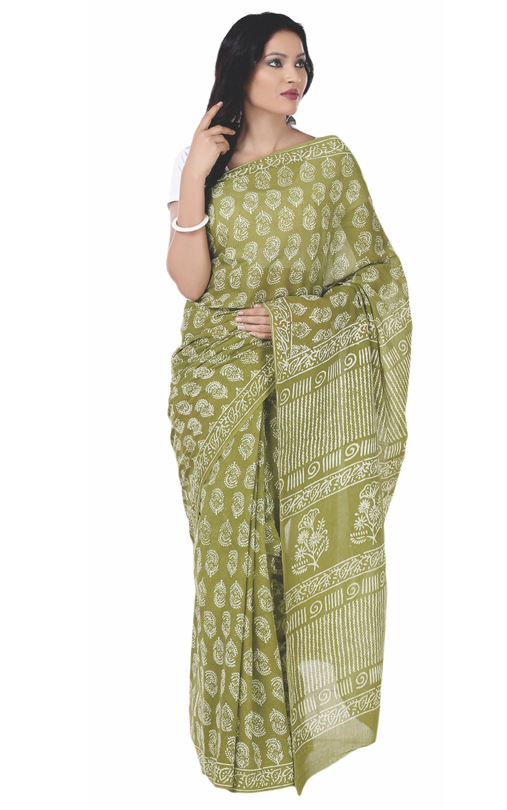 Green Dabu Hand Block Print Handcrafted Cotton Saree-Saree-Kalakari India-BAPASA0047-Cotton, Dabu, Geographical Indication, Hand Blocks, Hand Crafted, Heritage Prints, Sarees, Sustainable Fabrics-[Linen,Ethnic,wear,Fashionista,Handloom,Handicraft,Indigo,blockprint,block,print,Cotton,Chanderi,Blue, latest,classy,party,bollywood,trendy,summer,style,traditional,formal,elegant,unique,style,hand,block,print, dabu,booti,gift,present,glamorous,affordable,collectible,Sari,Saree,printed, holi, Diwali, bi