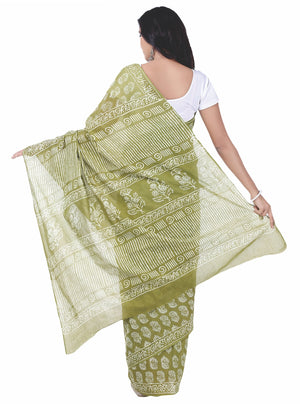 Green Dabu Hand Block Print Handcrafted Cotton Saree-Saree-Kalakari India-BAPASA0047-Cotton, Dabu, Geographical Indication, Hand Blocks, Hand Crafted, Heritage Prints, Sarees, Sustainable Fabrics-[Linen,Ethnic,wear,Fashionista,Handloom,Handicraft,Indigo,blockprint,block,print,Cotton,Chanderi,Blue, latest,classy,party,bollywood,trendy,summer,style,traditional,formal,elegant,unique,style,hand,block,print, dabu,booti,gift,present,glamorous,affordable,collectible,Sari,Saree,printed, holi, Diwali, bi
