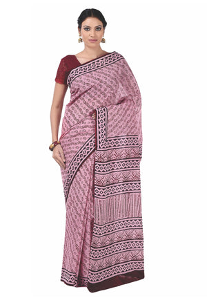 Pink Bagh Hand Block Print Handcrafted Cotton Saree-Saree-Kalakari India-BAPASA0049-Bagh, Cotton, Geographical Indication, Hand Blocks, Hand Crafted, Heritage Prints, Sarees, Sustainable Fabrics-[Linen,Ethnic,wear,Fashionista,Handloom,Handicraft,Indigo,blockprint,block,print,Cotton,Chanderi,Blue, latest,classy,party,bollywood,trendy,summer,style,traditional,formal,elegant,unique,style,hand,block,print, dabu,booti,gift,present,glamorous,affordable,collectible,Sari,Saree,printed, holi, Diwali, bir