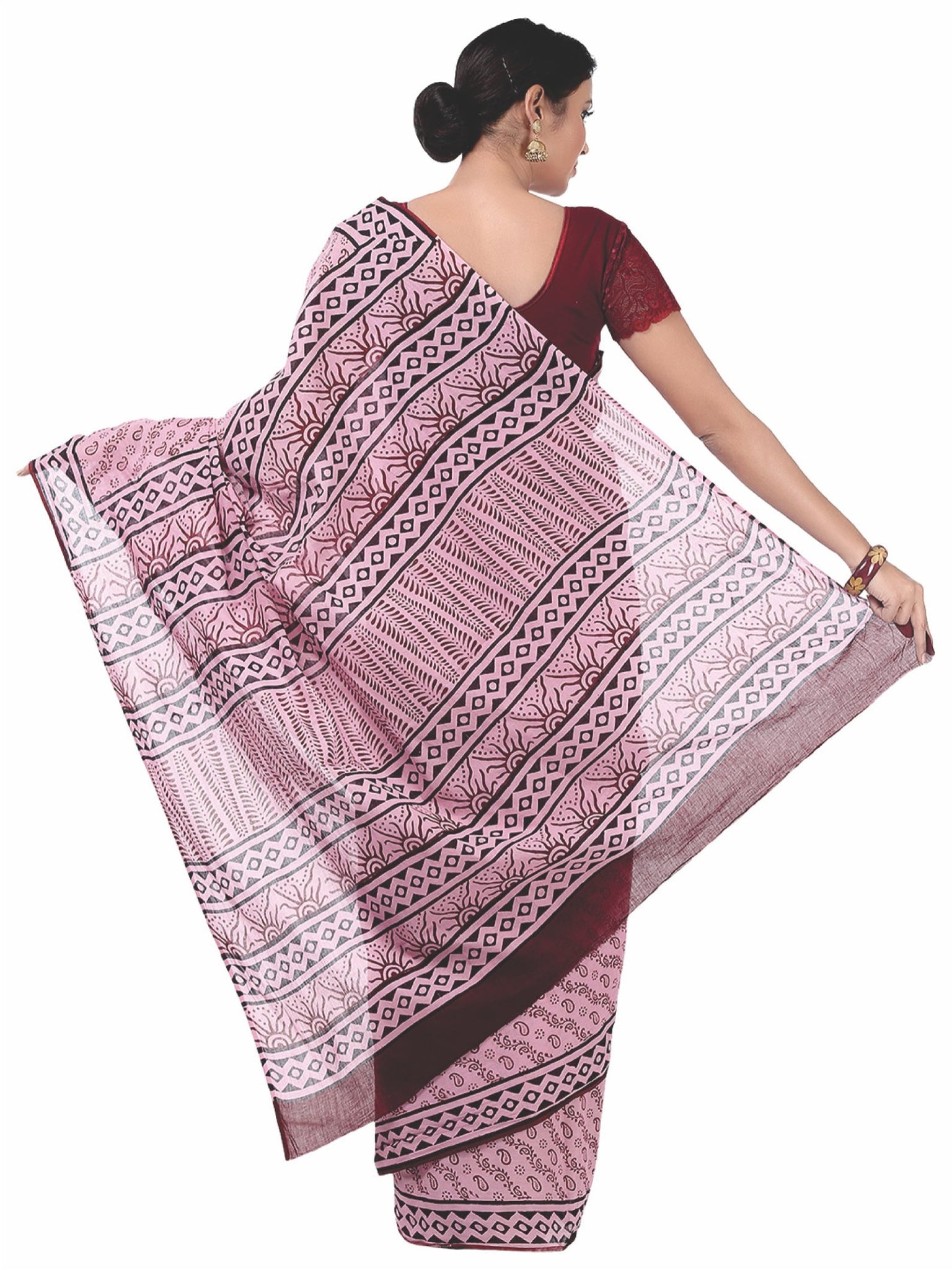 Pink Bagh Hand Block Print Handcrafted Cotton Saree-Saree-Kalakari India-BAPASA0049-Bagh, Cotton, Geographical Indication, Hand Blocks, Hand Crafted, Heritage Prints, Sarees, Sustainable Fabrics-[Linen,Ethnic,wear,Fashionista,Handloom,Handicraft,Indigo,blockprint,block,print,Cotton,Chanderi,Blue, latest,classy,party,bollywood,trendy,summer,style,traditional,formal,elegant,unique,style,hand,block,print, dabu,booti,gift,present,glamorous,affordable,collectible,Sari,Saree,printed, holi, Diwali, bir