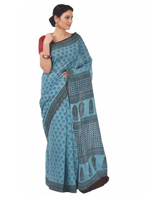 Blue & Maroon Bagh Hand Block Print Handcrafted Cotton Saree-Saree-Kalakari India-BAPASA0050-Bagh, Cotton, Geographical Indication, Hand Blocks, Hand Crafted, Heritage Prints, Sarees, Sustainable Fabrics-[Linen,Ethnic,wear,Fashionista,Handloom,Handicraft,Indigo,blockprint,block,print,Cotton,Chanderi,Blue, latest,classy,party,bollywood,trendy,summer,style,traditional,formal,elegant,unique,style,hand,block,print, dabu,booti,gift,present,glamorous,affordable,collectible,Sari,Saree,printed, holi, Di
