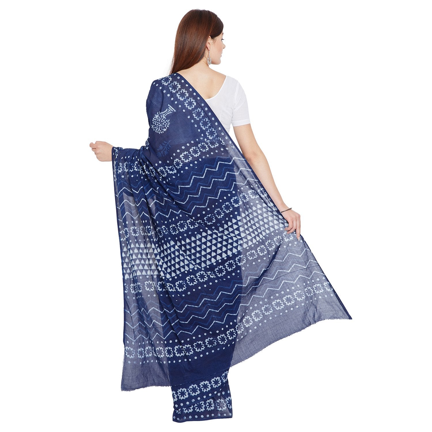 Indigo Dabu Hand Block Print Handcrafted Cotton Saree-Saree-Kalakari India-BAPASA0052-Cotton, Dabu, Geographical Indication, Hand Blocks, Hand Crafted, Heritage Prints, Indigo, Natural Dyes, Sarees, Sustainable Fabrics-[Linen,Ethnic,wear,Fashionista,Handloom,Handicraft,Indigo,blockprint,block,print,Cotton,Chanderi,Blue, latest,classy,party,bollywood,trendy,summer,style,traditional,formal,elegant,unique,style,hand,block,print, dabu,booti,gift,present,glamorous,affordable,collectible,Sari,Saree,pr