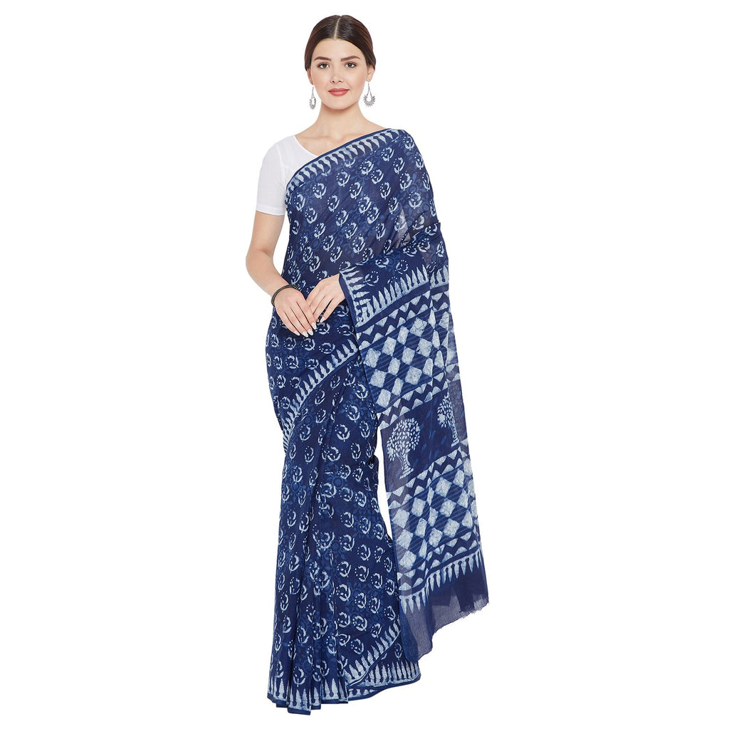 Indigo Dabu Hand Block Print Handcrafted Cotton Saree-Saree-Kalakari India-BAPASA0055-Cotton, Dabu, Geographical Indication, Hand Blocks, Hand Crafted, Heritage Prints, Indigo, Natural Dyes, Sarees, Sustainable Fabrics-[Linen,Ethnic,wear,Fashionista,Handloom,Handicraft,Indigo,blockprint,block,print,Cotton,Chanderi,Blue, latest,classy,party,bollywood,trendy,summer,style,traditional,formal,elegant,unique,style,hand,block,print, dabu,booti,gift,present,glamorous,affordable,collectible,Sari,Saree,pr