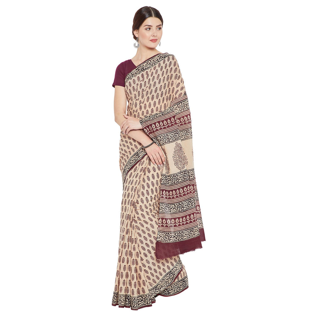 Maroon & Cream-Colored Bagh Hand Block Print Handcrafted Cotton Saree-Saree-Kalakari India-BAPASA0057-Bagh, Cotton, Geographical Indication, Hand Blocks, Hand Crafted, Heritage Prints, Sarees, Sustainable Fabrics-[Linen,Ethnic,wear,Fashionista,Handloom,Handicraft,Indigo,blockprint,block,print,Cotton,Chanderi,Blue, latest,classy,party,bollywood,trendy,summer,style,traditional,formal,elegant,unique,style,hand,block,print, dabu,booti,gift,present,glamorous,affordable,collectible,Sari,Saree,printed,