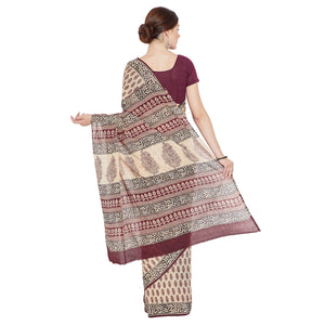 Maroon & Cream-Colored Bagh Hand Block Print Handcrafted Cotton Saree-Saree-Kalakari India-BAPASA0057-Bagh, Cotton, Geographical Indication, Hand Blocks, Hand Crafted, Heritage Prints, Sarees, Sustainable Fabrics-[Linen,Ethnic,wear,Fashionista,Handloom,Handicraft,Indigo,blockprint,block,print,Cotton,Chanderi,Blue, latest,classy,party,bollywood,trendy,summer,style,traditional,formal,elegant,unique,style,hand,block,print, dabu,booti,gift,present,glamorous,affordable,collectible,Sari,Saree,printed,