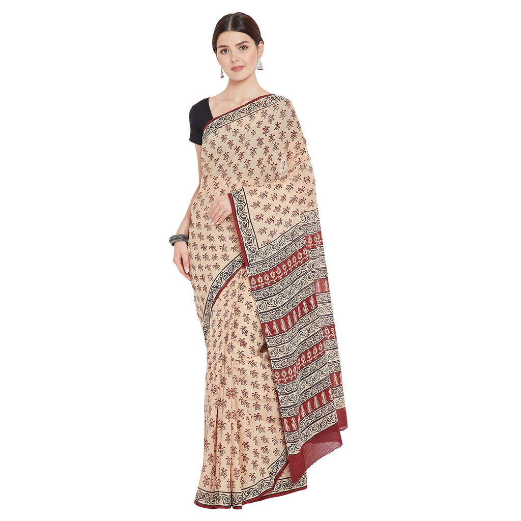 Red & Cream Bagh Hand Block Print Handcrafted Cotton Saree-Saree-Kalakari India-BAPASA0060-Bagh, Cotton, Geographical Indication, Hand Blocks, Hand Crafted, Heritage Prints, Sarees, Sustainable Fabrics-[Linen,Ethnic,wear,Fashionista,Handloom,Handicraft,Indigo,blockprint,block,print,Cotton,Chanderi,Blue, latest,classy,party,bollywood,trendy,summer,style,traditional,formal,elegant,unique,style,hand,block,print, dabu,booti,gift,present,glamorous,affordable,collectible,Sari,Saree,printed, holi, Diwa