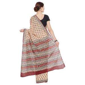 Red & Cream Bagh Hand Block Print Handcrafted Cotton Saree-Saree-Kalakari India-BAPASA0060-Bagh, Cotton, Geographical Indication, Hand Blocks, Hand Crafted, Heritage Prints, Sarees, Sustainable Fabrics-[Linen,Ethnic,wear,Fashionista,Handloom,Handicraft,Indigo,blockprint,block,print,Cotton,Chanderi,Blue, latest,classy,party,bollywood,trendy,summer,style,traditional,formal,elegant,unique,style,hand,block,print, dabu,booti,gift,present,glamorous,affordable,collectible,Sari,Saree,printed, holi, Diwa