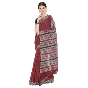 Red & White Tarapur Hand Block Print Handcrafted Cotton Saree-Saree-Kalakari India-BAPASA0070-Cotton, Geographical Indication, Hand Blocks, Hand Crafted, Heritage Prints, Natural Dyes, Sarees, Sustainable Fabrics, Tarapur-[Linen,Ethnic,wear,Fashionista,Handloom,Handicraft,Indigo,blockprint,block,print,Cotton,Chanderi,Blue, latest,classy,party,bollywood,trendy,summer,style,traditional,formal,elegant,unique,style,hand,block,print, dabu,booti,gift,present,glamorous,affordable,collectible,Sari,Saree