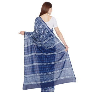 Blue & White Indigo Hand Block Print Handcrafted Cotton Saree-Saree-Kalakari India-BAPASA0078-Cotton, Dabu, Geographical Indication, Hand Blocks, Hand Crafted, Heritage Prints, Indigo, Natural Dyes, Sarees, Sustainable Fabrics-[Linen,Ethnic,wear,Fashionista,Handloom,Handicraft,Indigo,blockprint,block,print,Cotton,Chanderi,Blue, latest,classy,party,bollywood,trendy,summer,style,traditional,formal,elegant,unique,style,hand,block,print, dabu,booti,gift,present,glamorous,affordable,collectible,Sari,