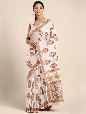 Women and Off White, Kalakari India Off-White & Orange Pure Cotton Handblock Saree BAPASA0082-Saree-Kalakari India-BAPASA0082-Block Print, Cotton, Geographical Indication, Hand Crafted, Heritage Prints, Natural Dyes, Red, Sarees, Sustainable Fabrics, Woven, Yellow-[Linen,Ethnic,wear,Fashionista,Handloom,Handicraft,Indigo,blockprint,block,print,Cotton,Chanderi,Blue, latest,classy,party,bollywood,trendy,summer,style,traditional,formal,elegant,unique,style,hand,block,print, dabu,booti,gift,present,