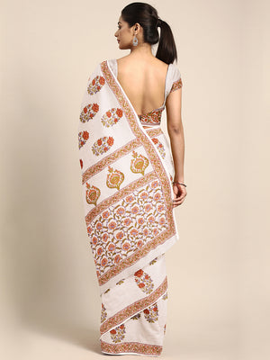 Women and Off White, Kalakari India Off-White & Orange Pure Cotton Handblock Saree BAPASA0082-Saree-Kalakari India-BAPASA0082-Block Print, Cotton, Geographical Indication, Hand Crafted, Heritage Prints, Natural Dyes, Red, Sarees, Sustainable Fabrics, Woven, Yellow-[Linen,Ethnic,wear,Fashionista,Handloom,Handicraft,Indigo,blockprint,block,print,Cotton,Chanderi,Blue, latest,classy,party,bollywood,trendy,summer,style,traditional,formal,elegant,unique,style,hand,block,print, dabu,booti,gift,present,