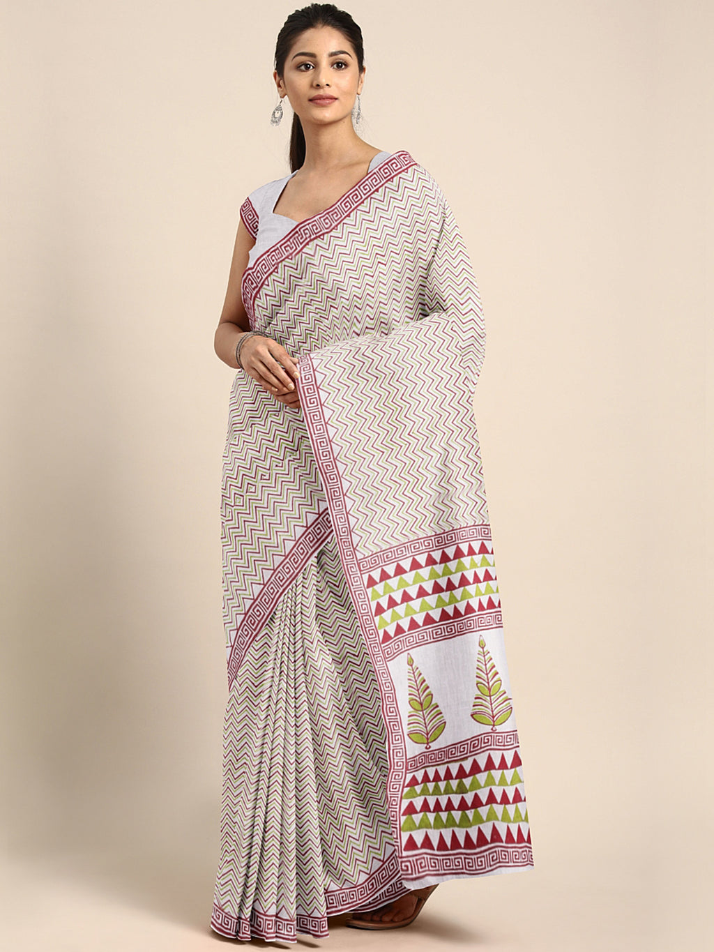 Off-White & Green Hand Block Print Handcrafted Cotton Saree-Saree-Kalakari India-BAPASA0083-Cotton, Dabu, Geographical Indication, Hand Blocks, Hand Crafted, Heritage Prints, Sarees, Sustainable Fabrics-[Linen,Ethnic,wear,Fashionista,Handloom,Handicraft,Indigo,blockprint,block,print,Cotton,Chanderi,Blue, latest,classy,party,bollywood,trendy,summer,style,traditional,formal,elegant,unique,style,hand,block,print, dabu,booti,gift,present,glamorous,affordable,collectible,Sari,Saree,printed, holi, Diw