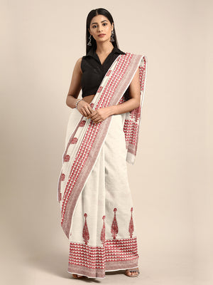 White & Pink Hand Block Print Handcrafted Cotton Saree-Saree-Kalakari India-BAPASA0084-Cotton, Dabu, Geographical Indication, Hand Blocks, Hand Crafted, Heritage Prints, Sarees, Sustainable Fabrics-[Linen,Ethnic,wear,Fashionista,Handloom,Handicraft,Indigo,blockprint,block,print,Cotton,Chanderi,Blue, latest,classy,party,bollywood,trendy,summer,style,traditional,formal,elegant,unique,style,hand,block,print, dabu,booti,gift,present,glamorous,affordable,collectible,Sari,Saree,printed, holi, Diwali, 
