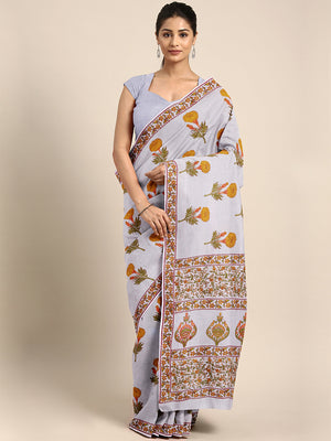 Off-White & Mustard Yellow Hand Block Print Handcrafted Cotton Saree-Saree-Kalakari India-BAPASA0085-Cotton, Dabu, Geographical Indication, Hand Blocks, Hand Crafted, Heritage Prints, Sarees, Sustainable Fabrics-[Linen,Ethnic,wear,Fashionista,Handloom,Handicraft,Indigo,blockprint,block,print,Cotton,Chanderi,Blue, latest,classy,party,bollywood,trendy,summer,style,traditional,formal,elegant,unique,style,hand,block,print, dabu,booti,gift,present,glamorous,affordable,collectible,Sari,Saree,printed, 
