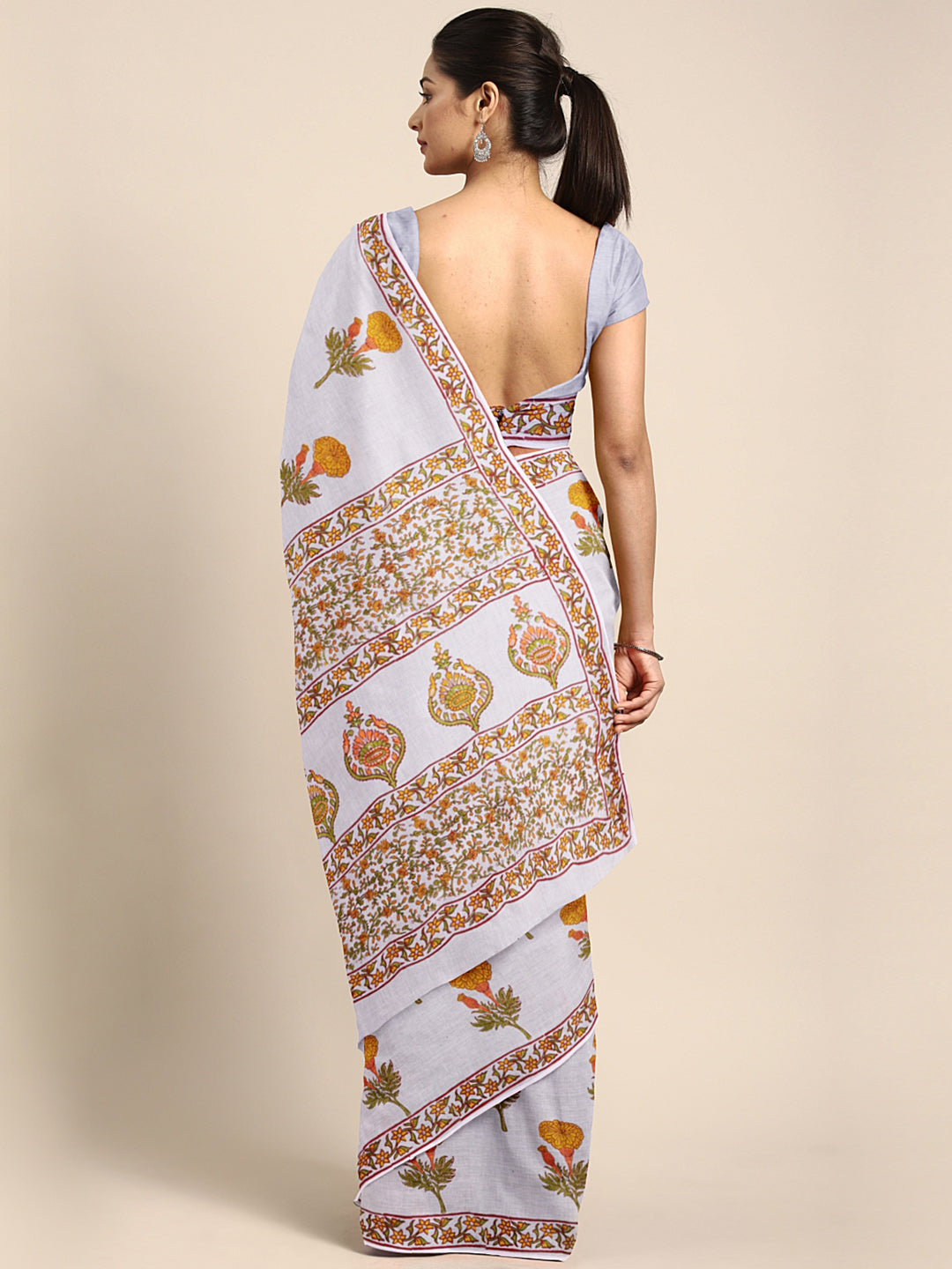 Off-White & Mustard Yellow Hand Block Print Handcrafted Cotton Saree-Saree-Kalakari India-BAPASA0085-Cotton, Dabu, Geographical Indication, Hand Blocks, Hand Crafted, Heritage Prints, Sarees, Sustainable Fabrics-[Linen,Ethnic,wear,Fashionista,Handloom,Handicraft,Indigo,blockprint,block,print,Cotton,Chanderi,Blue, latest,classy,party,bollywood,trendy,summer,style,traditional,formal,elegant,unique,style,hand,block,print, dabu,booti,gift,present,glamorous,affordable,collectible,Sari,Saree,printed, 