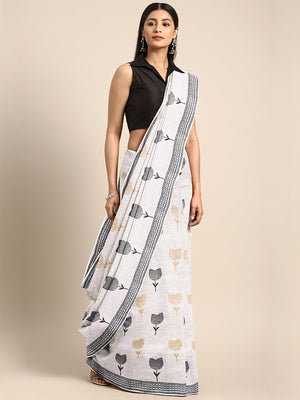 Off-White & Black Hand block Print Handcrafted Cotton Saree-Saree-Kalakari India-BAPASA0086-Cotton, Dabu, Geographical Indication, Hand Blocks, Hand Crafted, Heritage Prints, Sarees, Sustainable Fabrics-[Linen,Ethnic,wear,Fashionista,Handloom,Handicraft,Indigo,blockprint,block,print,Cotton,Chanderi,Blue, latest,classy,party,bollywood,trendy,summer,style,traditional,formal,elegant,unique,style,hand,block,print, dabu,booti,gift,present,glamorous,affordable,collectible,Sari,Saree,printed, holi, Diw