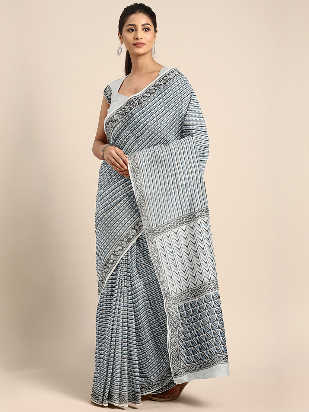 Blue & White Striped Mud Resist Hand block Print Handcrafted Cotton Saree-Saree-Kalakari India-BAPASA0087-Cotton, Dabu, Geographical Indication, Hand Blocks, Hand Crafted, Heritage Prints, Sarees, Sustainable Fabrics-[Linen,Ethnic,wear,Fashionista,Handloom,Handicraft,Indigo,blockprint,block,print,Cotton,Chanderi,Blue, latest,classy,party,bollywood,trendy,summer,style,traditional,formal,elegant,unique,style,hand,block,print, dabu,booti,gift,present,glamorous,affordable,collectible,Sari,Saree,prin