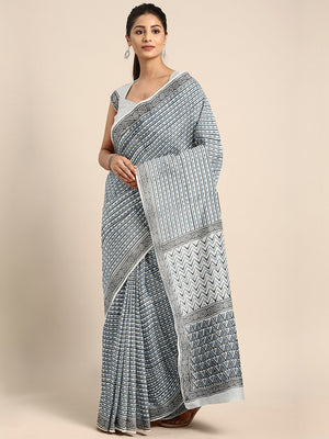 Blue & White Striped Mud Resist Hand block Print Handcrafted Cotton Saree-Saree-Kalakari India-BAPASA0087-Cotton, Dabu, Geographical Indication, Hand Blocks, Hand Crafted, Heritage Prints, Sarees, Sustainable Fabrics-[Linen,Ethnic,wear,Fashionista,Handloom,Handicraft,Indigo,blockprint,block,print,Cotton,Chanderi,Blue, latest,classy,party,bollywood,trendy,summer,style,traditional,formal,elegant,unique,style,hand,block,print, dabu,booti,gift,present,glamorous,affordable,collectible,Sari,Saree,prin