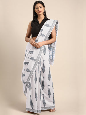 White & Blue Hand block Print Handcrafted Cotton Saree-Saree-Kalakari India-BAPASA0088-Cotton, Dabu, Geographical Indication, Hand Blocks, Hand Crafted, Heritage Prints, Sarees, Sustainable Fabrics-[Linen,Ethnic,wear,Fashionista,Handloom,Handicraft,Indigo,blockprint,block,print,Cotton,Chanderi,Blue, latest,classy,party,bollywood,trendy,summer,style,traditional,formal,elegant,unique,style,hand,block,print, dabu,booti,gift,present,glamorous,affordable,collectible,Sari,Saree,printed, holi, Diwali, 