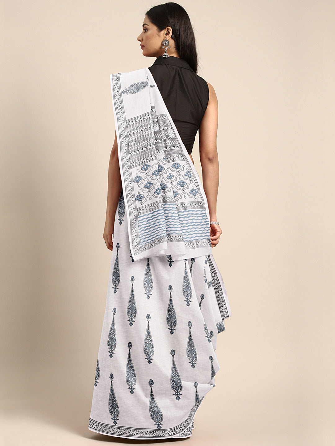 White & Blue Hand block Print Handcrafted Cotton Saree-Saree-Kalakari India-BAPASA0088-Cotton, Dabu, Geographical Indication, Hand Blocks, Hand Crafted, Heritage Prints, Sarees, Sustainable Fabrics-[Linen,Ethnic,wear,Fashionista,Handloom,Handicraft,Indigo,blockprint,block,print,Cotton,Chanderi,Blue, latest,classy,party,bollywood,trendy,summer,style,traditional,formal,elegant,unique,style,hand,block,print, dabu,booti,gift,present,glamorous,affordable,collectible,Sari,Saree,printed, holi, Diwali, 