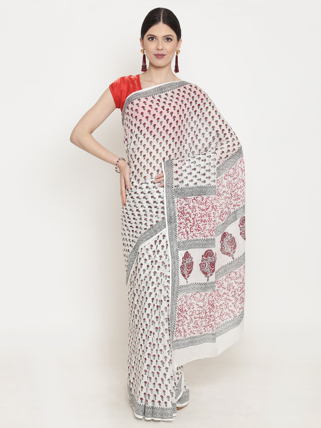 White & Black Bagh Block Print Handcrafted Cotton Saree-Saree-Kalakari India-BAPASA0089-Bagh, Cotton, Geographical Indication, Hand Blocks, Hand Crafted, Heritage Prints, Sarees, Sustainable Fabrics-[Linen,Ethnic,wear,Fashionista,Handloom,Handicraft,Indigo,blockprint,block,print,Cotton,Chanderi,Blue, latest,classy,party,bollywood,trendy,summer,style,traditional,formal,elegant,unique,style,hand,block,print, dabu,booti,gift,present,glamorous,affordable,collectible,Sari,Saree,printed, holi, Diwali,