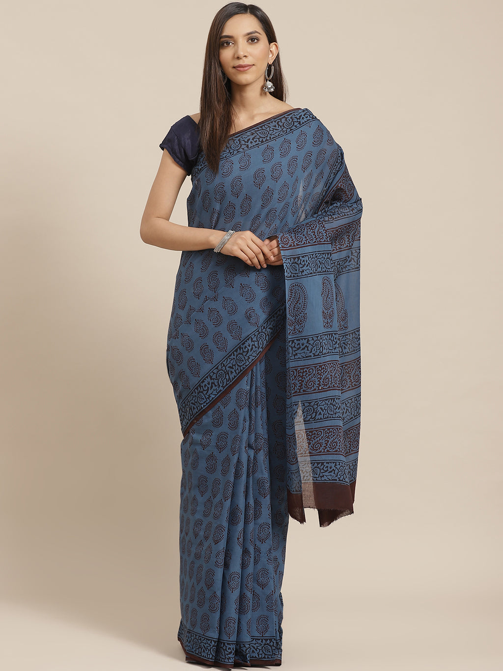Blue and Brown, Kalakari India Pure Cotton Hand Block Printed Saree and Blouse BAPASA0092-Saree-Kalakari India-BAPASA0092-Block Print, Cotton, Geographical Indication, Hand Crafted, Heritage Prints, Natural Dyes, Red, Sarees, Sustainable Fabrics, Woven, Yellow-[Linen,Ethnic,wear,Fashionista,Handloom,Handicraft,Indigo,blockprint,block,print,Cotton,Chanderi,Blue, latest,classy,party,bollywood,trendy,summer,style,traditional,formal,elegant,unique,style,hand,block,print, dabu,booti,gift,present,glam