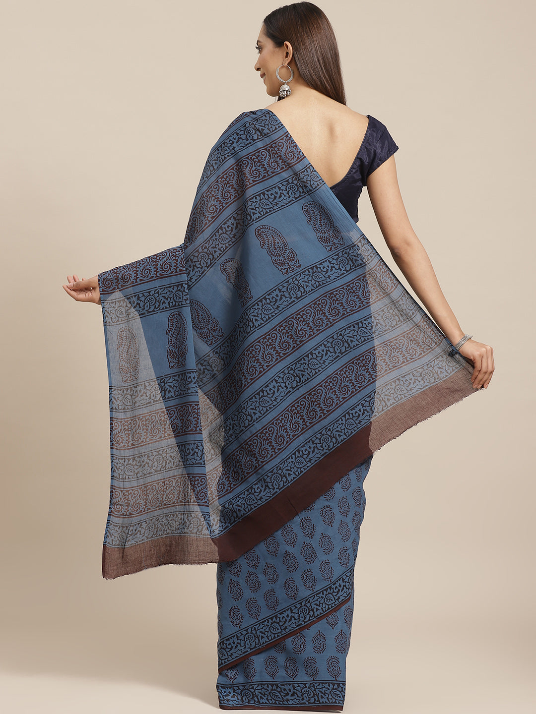 Blue and Brown, Kalakari India Pure Cotton Hand Block Printed Saree and Blouse BAPASA0092-Saree-Kalakari India-BAPASA0092-Block Print, Cotton, Geographical Indication, Hand Crafted, Heritage Prints, Natural Dyes, Red, Sarees, Sustainable Fabrics, Woven, Yellow-[Linen,Ethnic,wear,Fashionista,Handloom,Handicraft,Indigo,blockprint,block,print,Cotton,Chanderi,Blue, latest,classy,party,bollywood,trendy,summer,style,traditional,formal,elegant,unique,style,hand,block,print, dabu,booti,gift,present,glam