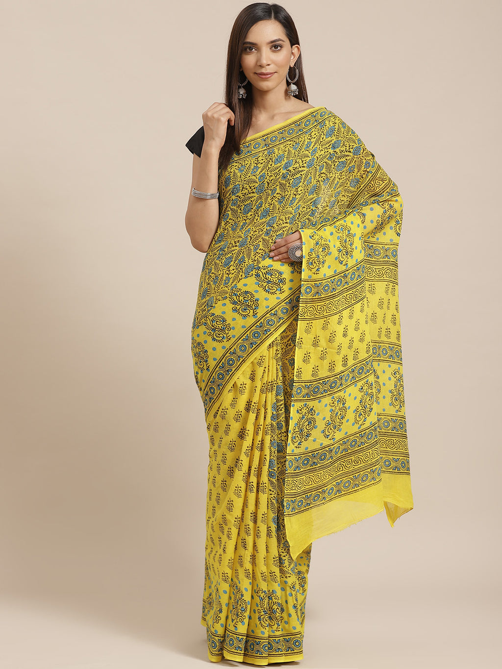 Yellow and Blue, Kalakari India Pure Cotton Hand Block Printed Saree and Blouse BAPASA0093-Saree-Kalakari India-BAPASA0093-Block Print, Cotton, Geographical Indication, Hand Crafted, Heritage Prints, Natural Dyes, Red, Sarees, Sustainable Fabrics, Woven, Yellow-[Linen,Ethnic,wear,Fashionista,Handloom,Handicraft,Indigo,blockprint,block,print,Cotton,Chanderi,Blue, latest,classy,party,bollywood,trendy,summer,style,traditional,formal,elegant,unique,style,hand,block,print, dabu,booti,gift,present,gla