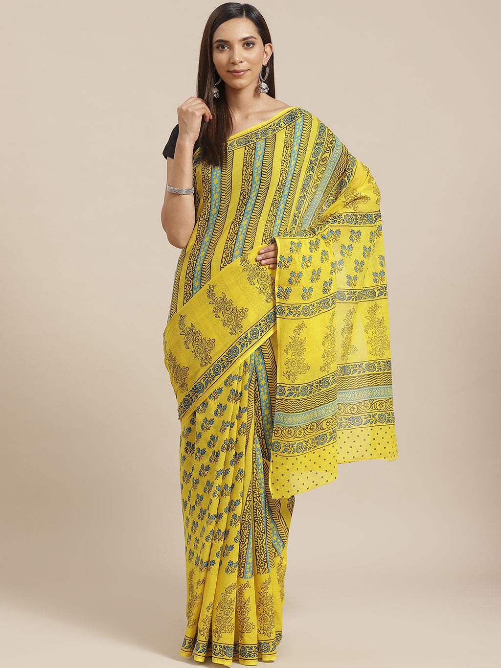 Yellow and Blue, Kalakari India Pure Cotton Hand Block Printed Saree and Blouse BAPASA0094-Saree-Kalakari India-BAPASA0094-Block Print, Cotton, Geographical Indication, Hand Crafted, Heritage Prints, Natural Dyes, Red, Sarees, Sustainable Fabrics, Woven, Yellow-[Linen,Ethnic,wear,Fashionista,Handloom,Handicraft,Indigo,blockprint,block,print,Cotton,Chanderi,Blue, latest,classy,party,bollywood,trendy,summer,style,traditional,formal,elegant,unique,style,hand,block,print, dabu,booti,gift,present,gla