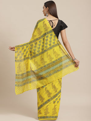 Yellow and Blue, Kalakari India Pure Cotton Hand Block Printed Saree and Blouse BAPASA0094-Saree-Kalakari India-BAPASA0094-Block Print, Cotton, Geographical Indication, Hand Crafted, Heritage Prints, Natural Dyes, Red, Sarees, Sustainable Fabrics, Woven, Yellow-[Linen,Ethnic,wear,Fashionista,Handloom,Handicraft,Indigo,blockprint,block,print,Cotton,Chanderi,Blue, latest,classy,party,bollywood,trendy,summer,style,traditional,formal,elegant,unique,style,hand,block,print, dabu,booti,gift,present,gla