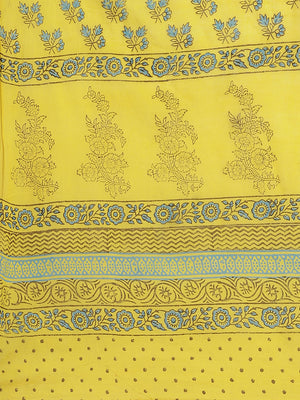 Yellow and Blue, Kalakari India Pure Cotton Hand Block Printed Saree and Blouse BAPASA0094-Saree-Kalakari India-BAPASA0094-Block Print, Cotton, Geographical Indication, Hand Crafted, Heritage Prints, Natural Dyes, Red, Sarees, Sustainable Fabrics, Woven, Yellow-[Linen,Ethnic,wear,Fashionista,Handloom,Handicraft,Indigo,blockprint,block,print,Cotton,Chanderi,Blue, latest,classy,party,bollywood,trendy,summer,style,traditional,formal,elegant,unique,style,hand,block,print, dabu,booti,gift,present,gla