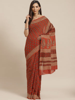 Brown and White, Kalakari India Pure Cotton Hand Block Printed Saree and Blouse BAPASA0095-Saree-Kalakari India-BAPASA0095-Block Print, Cotton, Geographical Indication, Hand Crafted, Heritage Prints, Natural Dyes, Red, Sarees, Sustainable Fabrics, Woven, Yellow-[Linen,Ethnic,wear,Fashionista,Handloom,Handicraft,Indigo,blockprint,block,print,Cotton,Chanderi,Blue, latest,classy,party,bollywood,trendy,summer,style,traditional,formal,elegant,unique,style,hand,block,print, dabu,booti,gift,present,gla