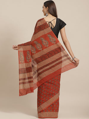 Brown and White, Kalakari India Pure Cotton Hand Block Printed Saree and Blouse BAPASA0095-Saree-Kalakari India-BAPASA0095-Block Print, Cotton, Geographical Indication, Hand Crafted, Heritage Prints, Natural Dyes, Red, Sarees, Sustainable Fabrics, Woven, Yellow-[Linen,Ethnic,wear,Fashionista,Handloom,Handicraft,Indigo,blockprint,block,print,Cotton,Chanderi,Blue, latest,classy,party,bollywood,trendy,summer,style,traditional,formal,elegant,unique,style,hand,block,print, dabu,booti,gift,present,gla