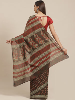 Grey and White, Kalakari India Pure Cotton Hand Block Printed Saree and Blouse BAPASA0097-Saree-Kalakari India-BAPASA0097-Block Print, Cotton, Geographical Indication, Hand Crafted, Heritage Prints, Natural Dyes, Red, Sarees, Sustainable Fabrics, Woven, Yellow-[Linen,Ethnic,wear,Fashionista,Handloom,Handicraft,Indigo,blockprint,block,print,Cotton,Chanderi,Blue, latest,classy,party,bollywood,trendy,summer,style,traditional,formal,elegant,unique,style,hand,block,print, dabu,booti,gift,present,glam