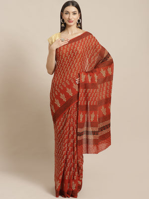 Brown and White, Kalakari India Pure Cotton Hand Block Printed Saree and Blouse BAPASA0099-Saree-Kalakari India-BAPASA0099-Block Print, Cotton, Geographical Indication, Hand Crafted, Heritage Prints, Natural Dyes, Red, Sarees, Sustainable Fabrics, Woven, Yellow-[Linen,Ethnic,wear,Fashionista,Handloom,Handicraft,Indigo,blockprint,block,print,Cotton,Chanderi,Blue, latest,classy,party,bollywood,trendy,summer,style,traditional,formal,elegant,unique,style,hand,block,print, dabu,booti,gift,present,gla