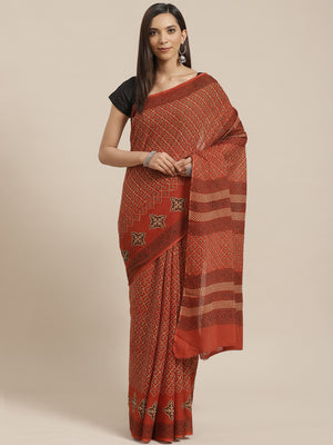 Brown and White, Kalakari India Pure Cotton Hand Block Printed Saree and Blouse BAPASA0100-Saree-Kalakari India-BAPASA0100-Block Print, Cotton, Geographical Indication, Hand Crafted, Heritage Prints, Natural Dyes, Red, Sarees, Sustainable Fabrics, Woven, Yellow-[Linen,Ethnic,wear,Fashionista,Handloom,Handicraft,Indigo,blockprint,block,print,Cotton,Chanderi,Blue, latest,classy,party,bollywood,trendy,summer,style,traditional,formal,elegant,unique,style,hand,block,print, dabu,booti,gift,present,gla