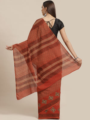 Brown and White, Kalakari India Pure Cotton Hand Block Printed Saree and Blouse BAPASA0100-Saree-Kalakari India-BAPASA0100-Block Print, Cotton, Geographical Indication, Hand Crafted, Heritage Prints, Natural Dyes, Red, Sarees, Sustainable Fabrics, Woven, Yellow-[Linen,Ethnic,wear,Fashionista,Handloom,Handicraft,Indigo,blockprint,block,print,Cotton,Chanderi,Blue, latest,classy,party,bollywood,trendy,summer,style,traditional,formal,elegant,unique,style,hand,block,print, dabu,booti,gift,present,gla